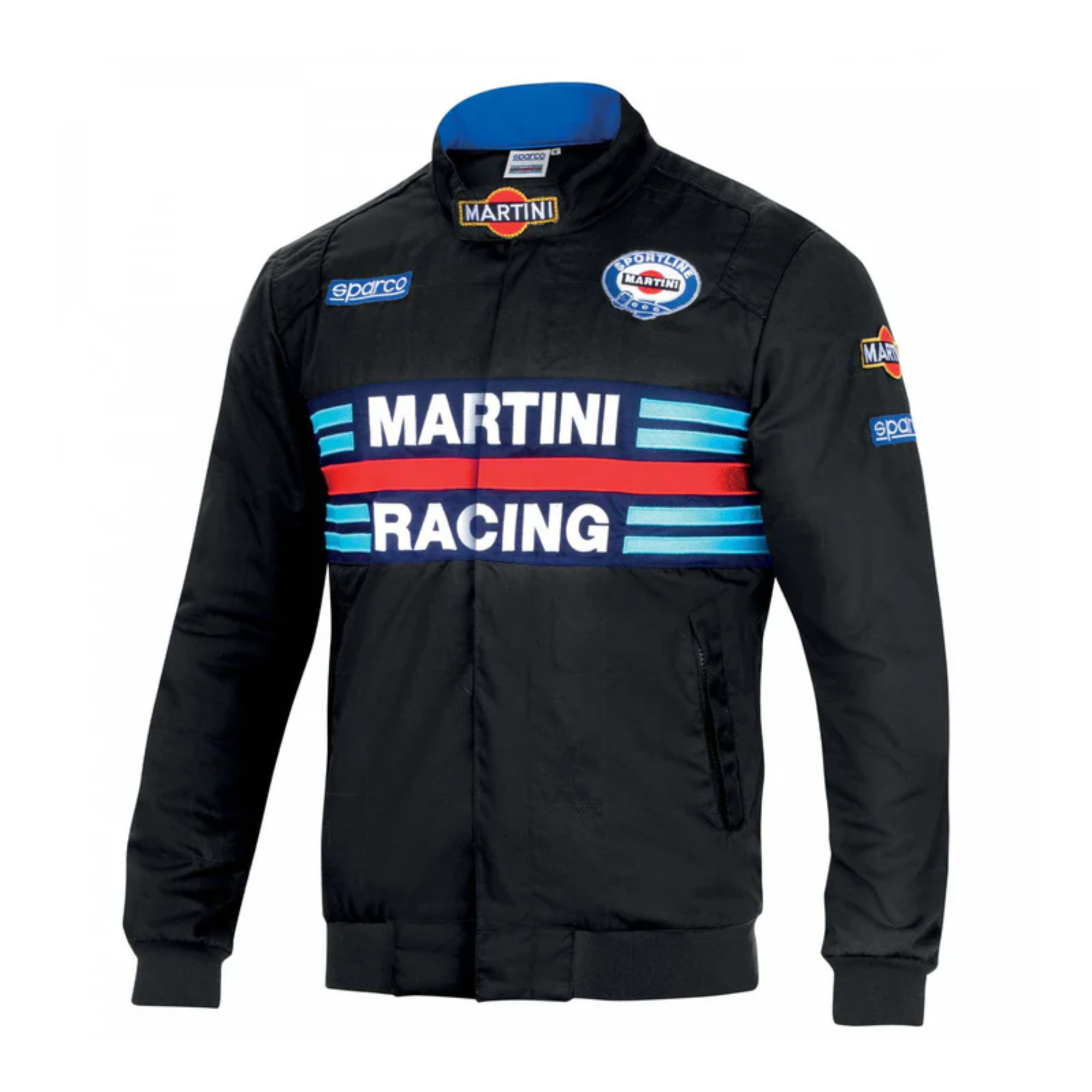 The black Sparco Martini Bomber Jacket from Sparco, featuring Martini Racing and Sparco logos.