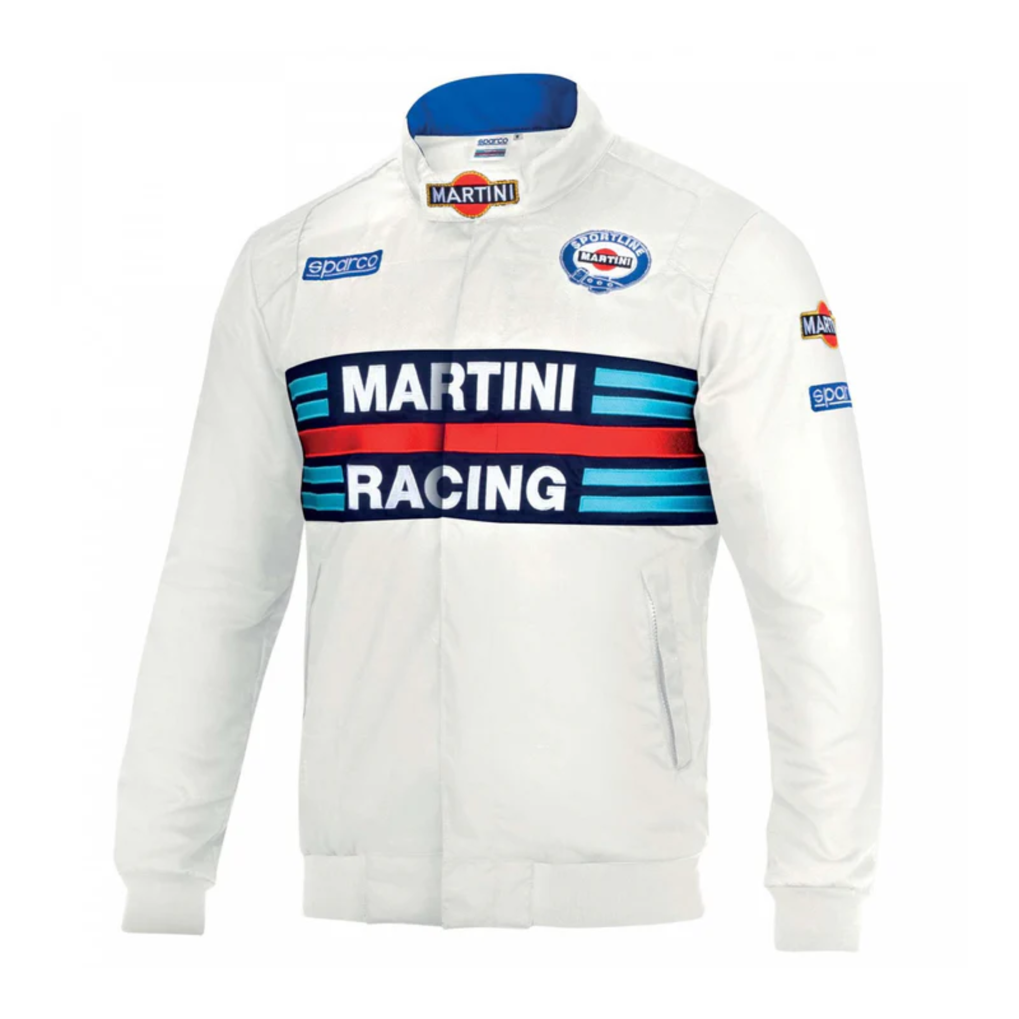 The white Sparco Martini Bomber Jacket from Sparco, featuring Martini Racing and Sparco logos.