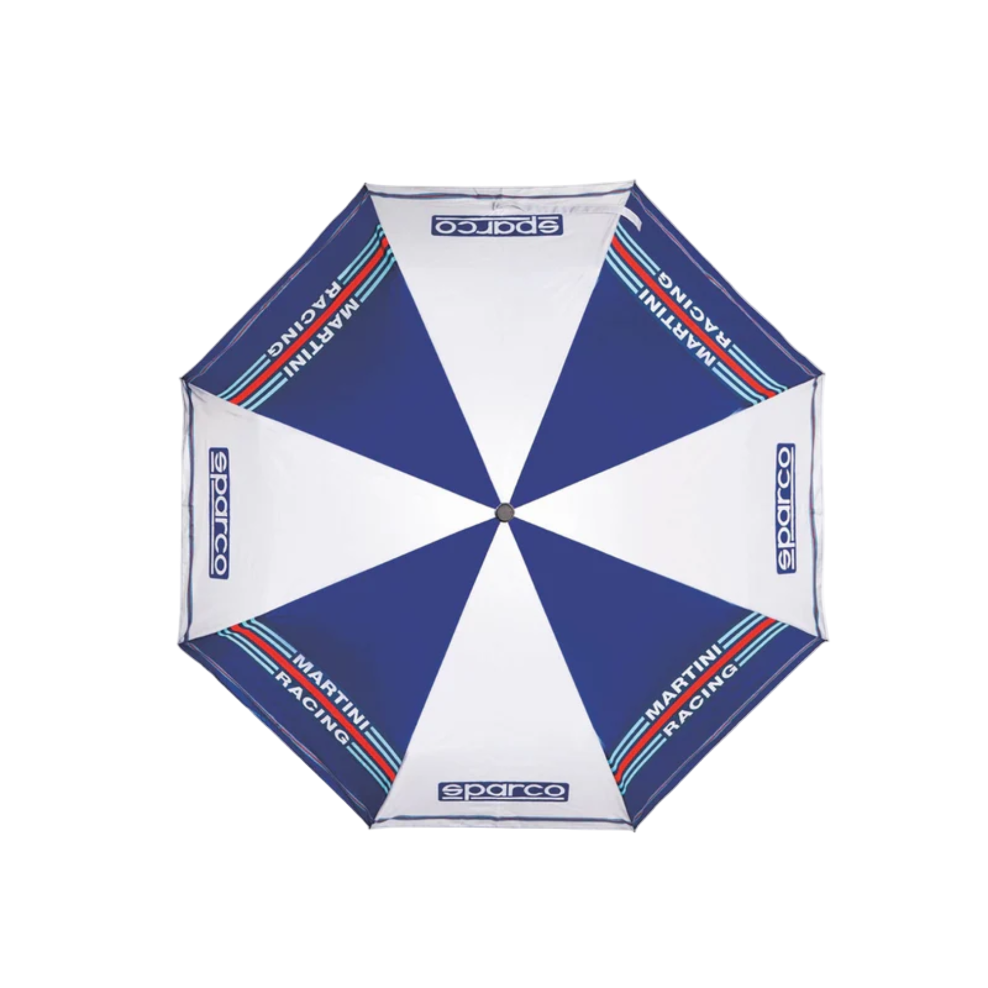 The blue and white Sparco Martini Foldable Umbrella featuring the Sparco and Martini Racing logo from Sparco open.
