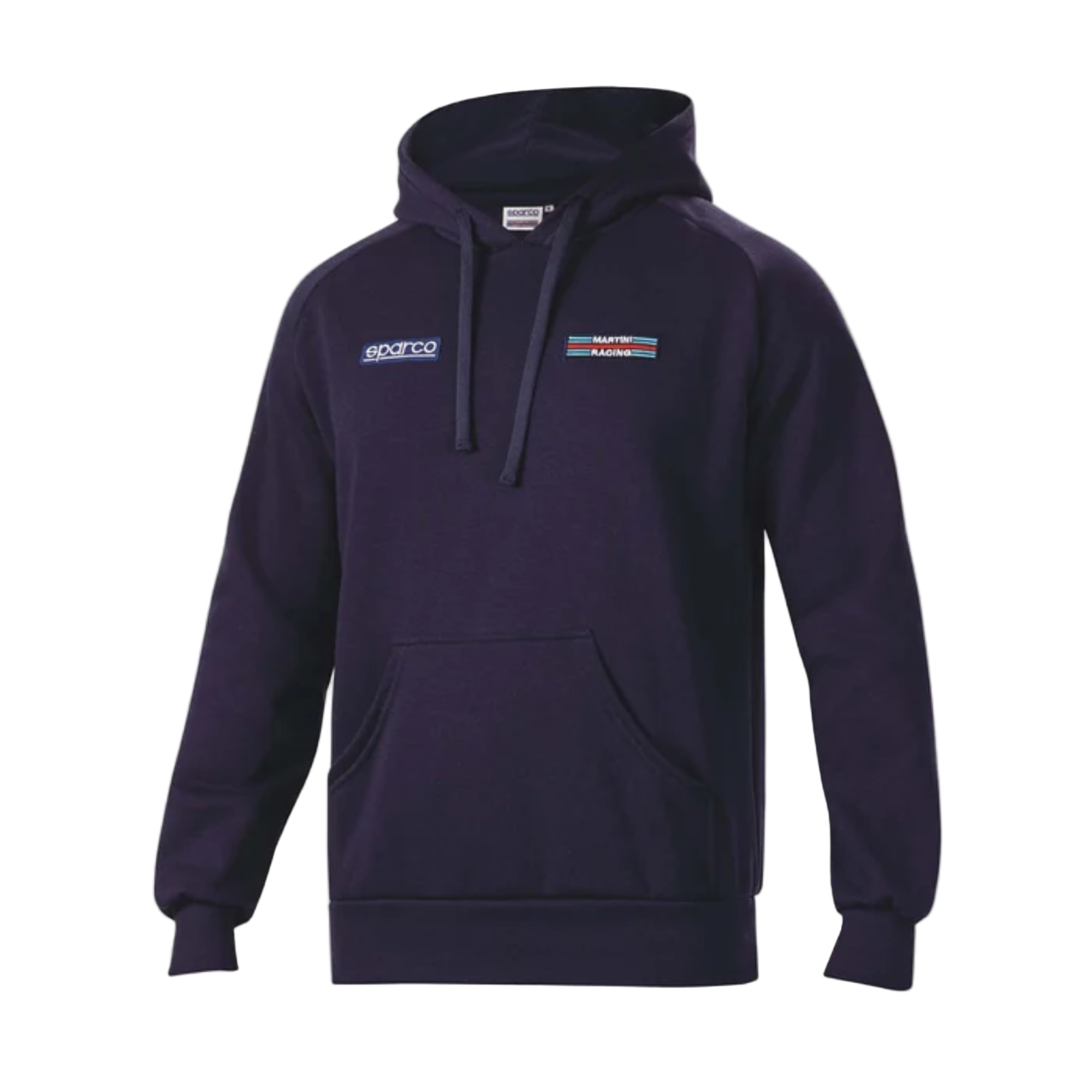 The front of the navy Sparco Martini Racing Big Stripes Hooded Sweatshirt from Sparco.