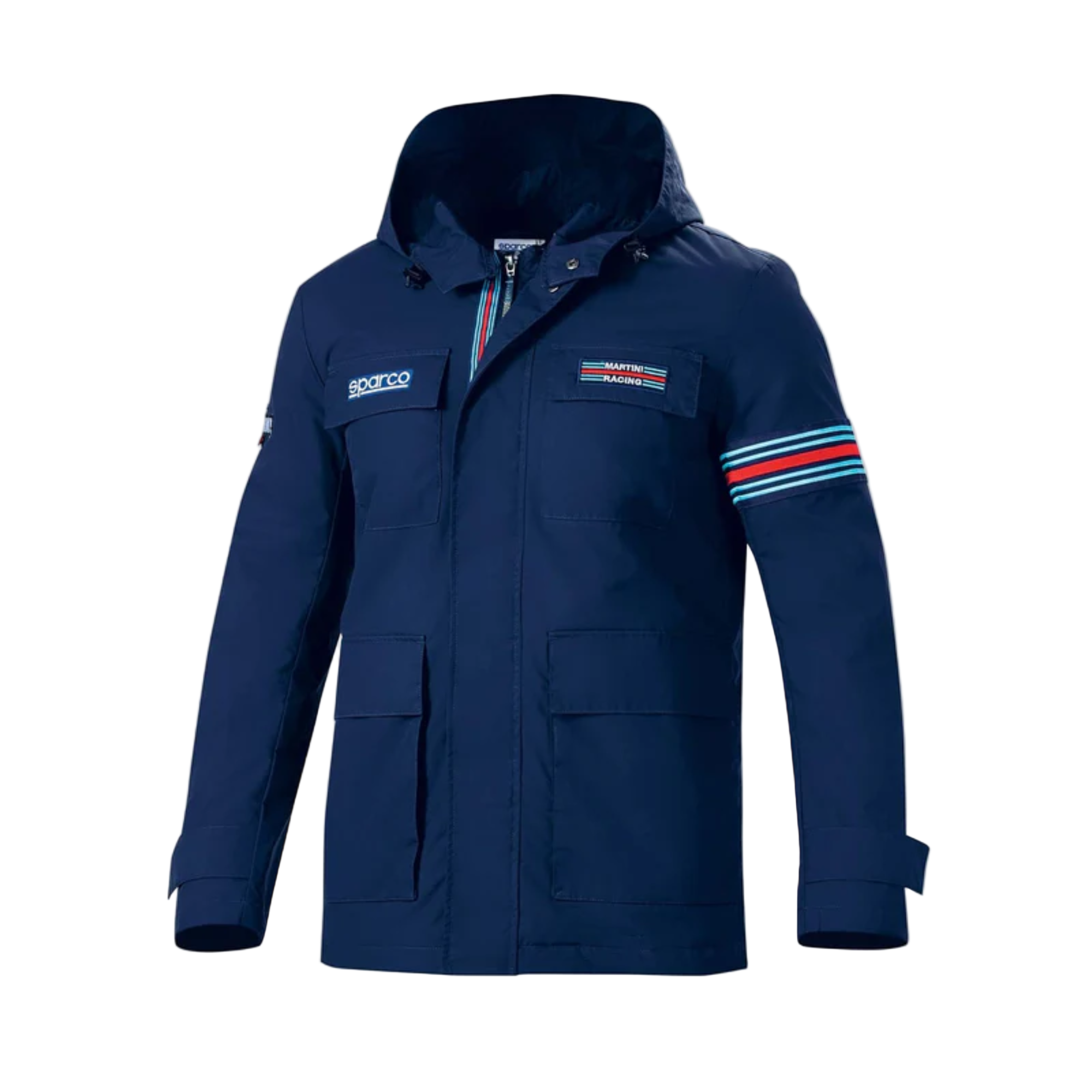 The front of the navy blue Sparco Martini Racing Field Jacket from Sparco.