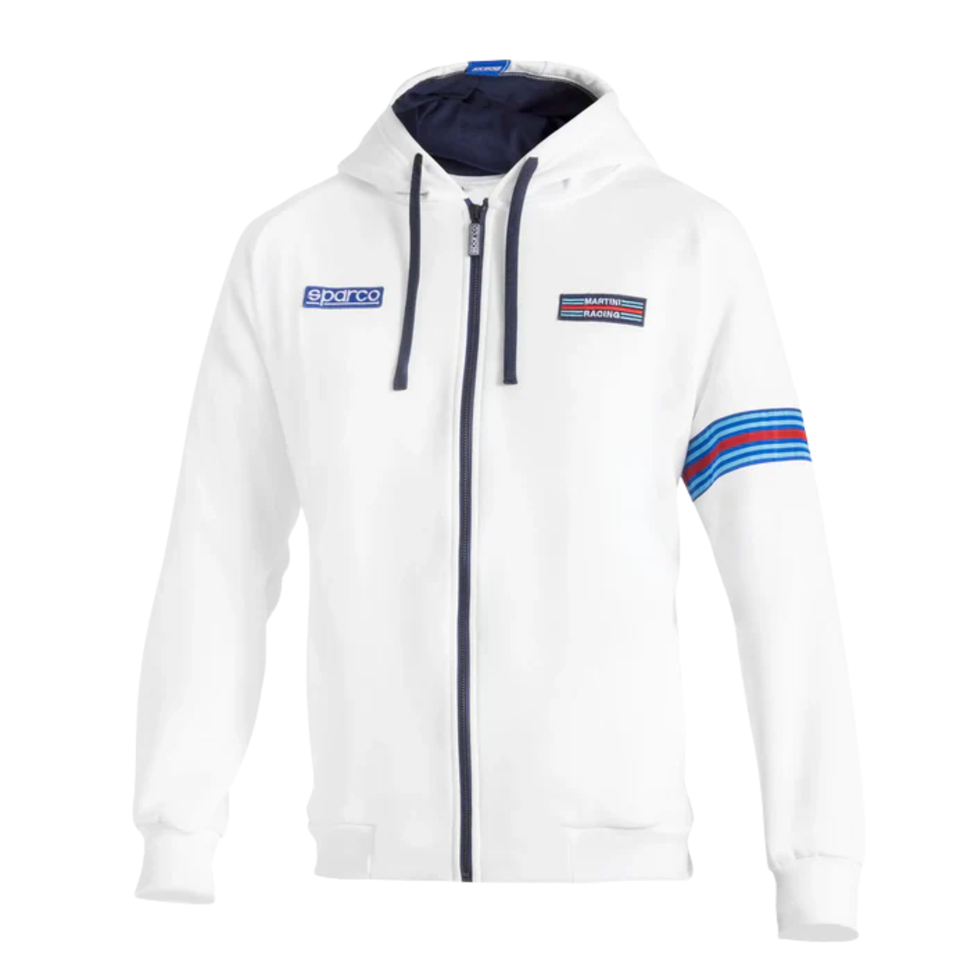 The front of the white Sparco Martini Racing Full Zip Hooded Sweatshirt from Sparco.