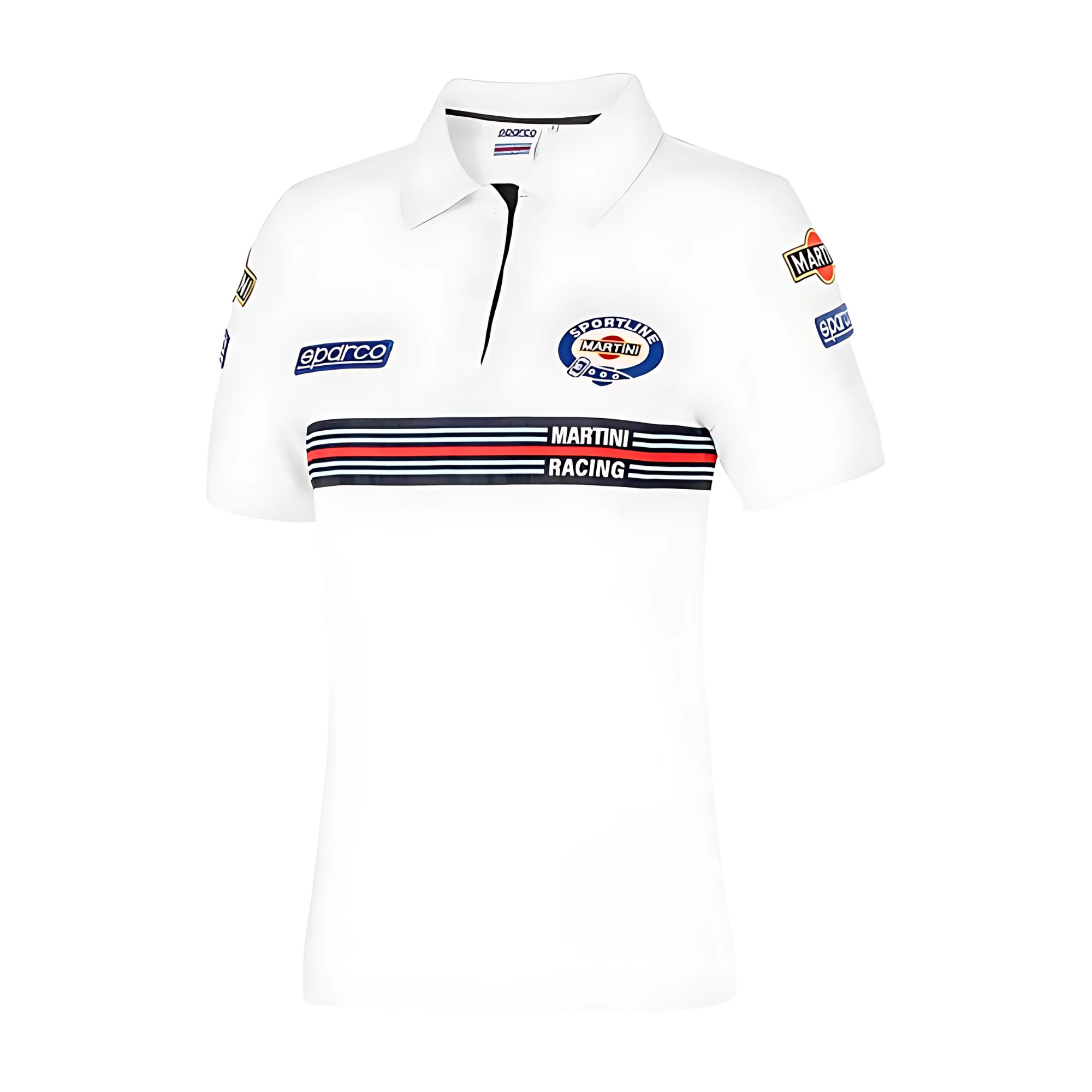The front of the white Sparco Martini Racing Ladies Patch Polo from Sparco.