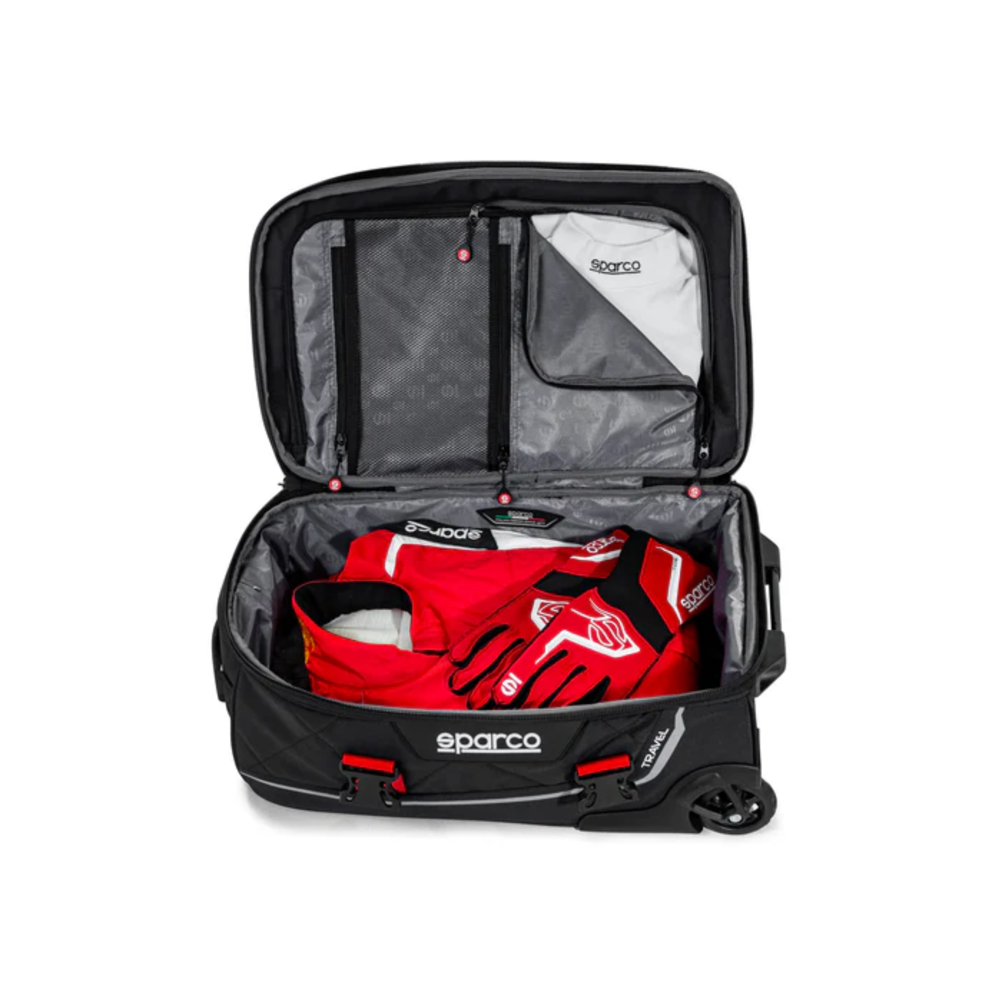 The black and red Sparco Martini Racing Travel Bag from Sparco showing the internal storage with race gear.