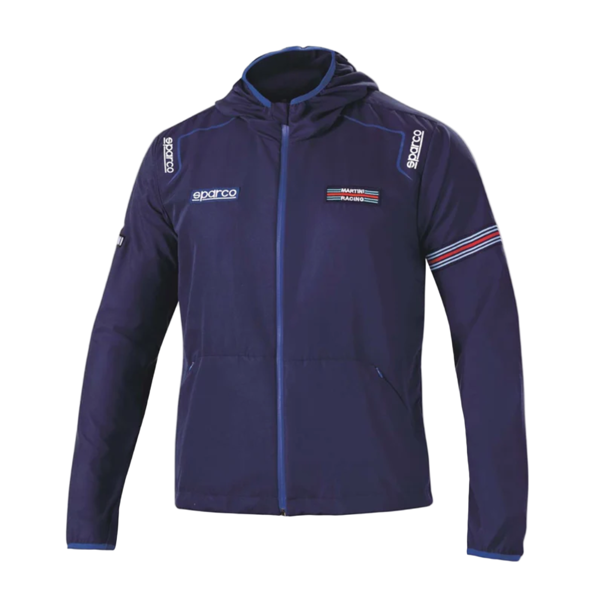 The front of the navy blue Sparco Martini Racing Wind Stopper Jacket from Sparco.