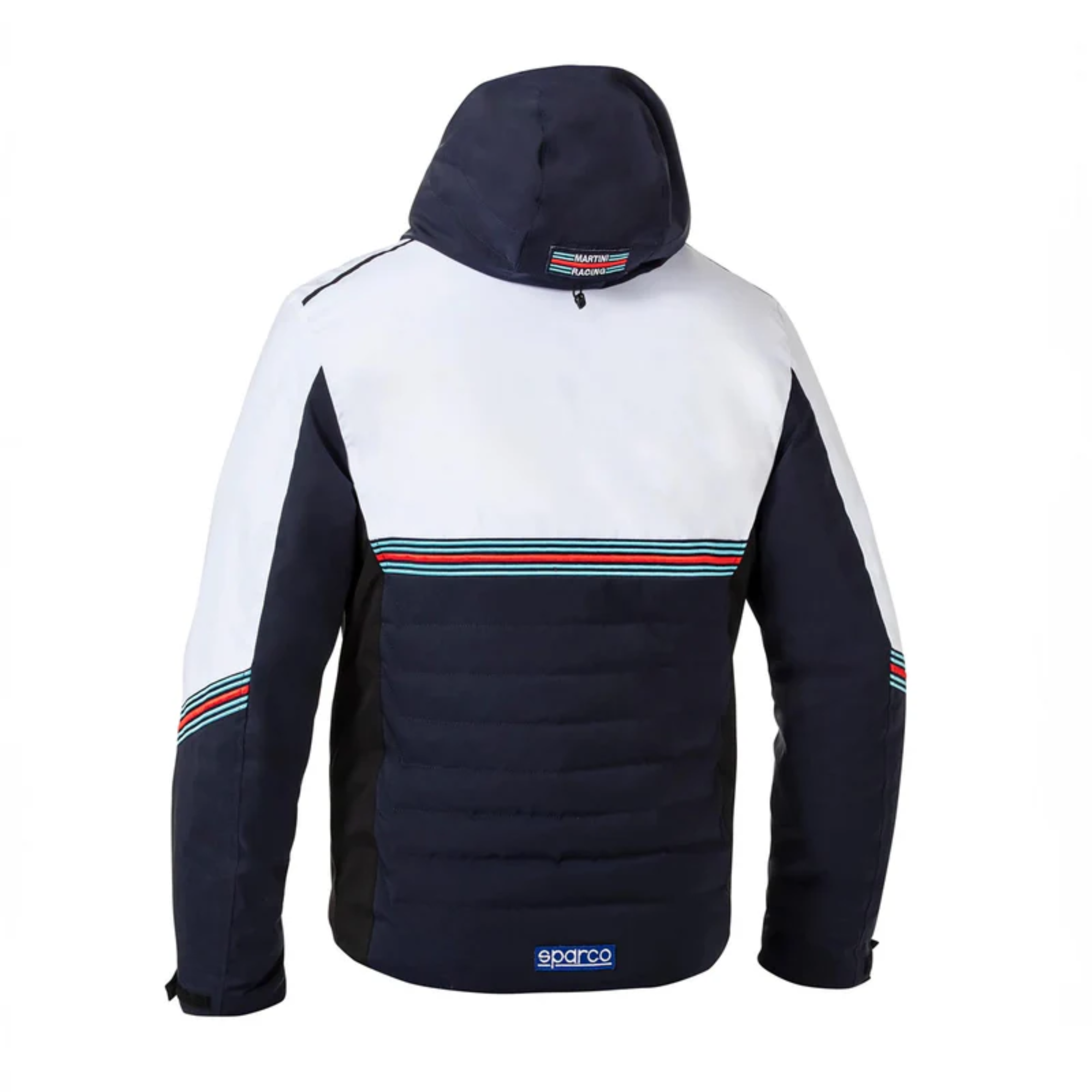 The back of the navy blue and white Sparco Martini Racing Winter Jacket from Sparco.