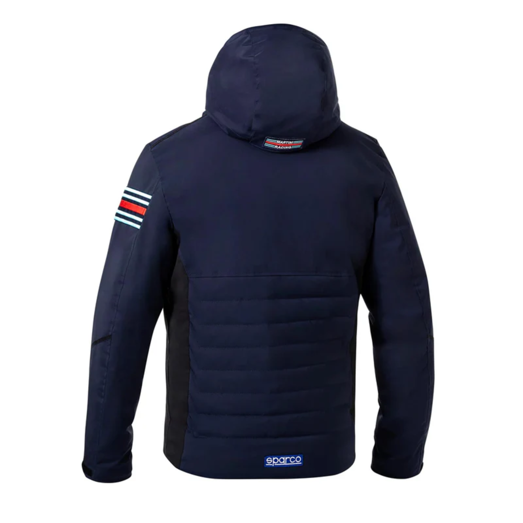 The back of the navy blue Sparco Martini Racing Winter Jacket from Sparco.