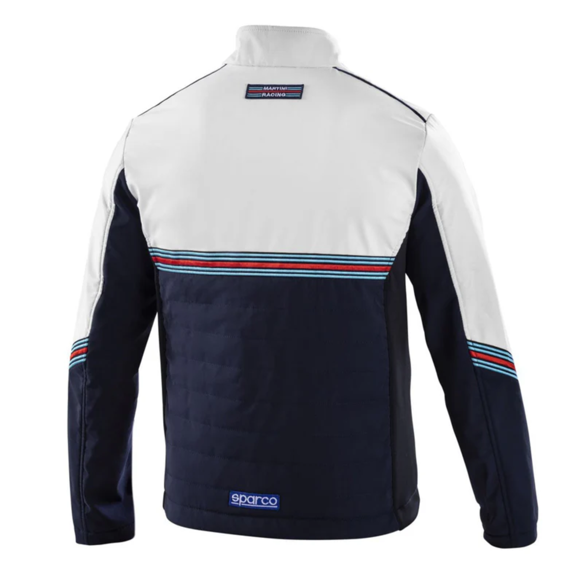 The back of the navy blue and white Sparco Martini Softshell Jacket from Sparco.