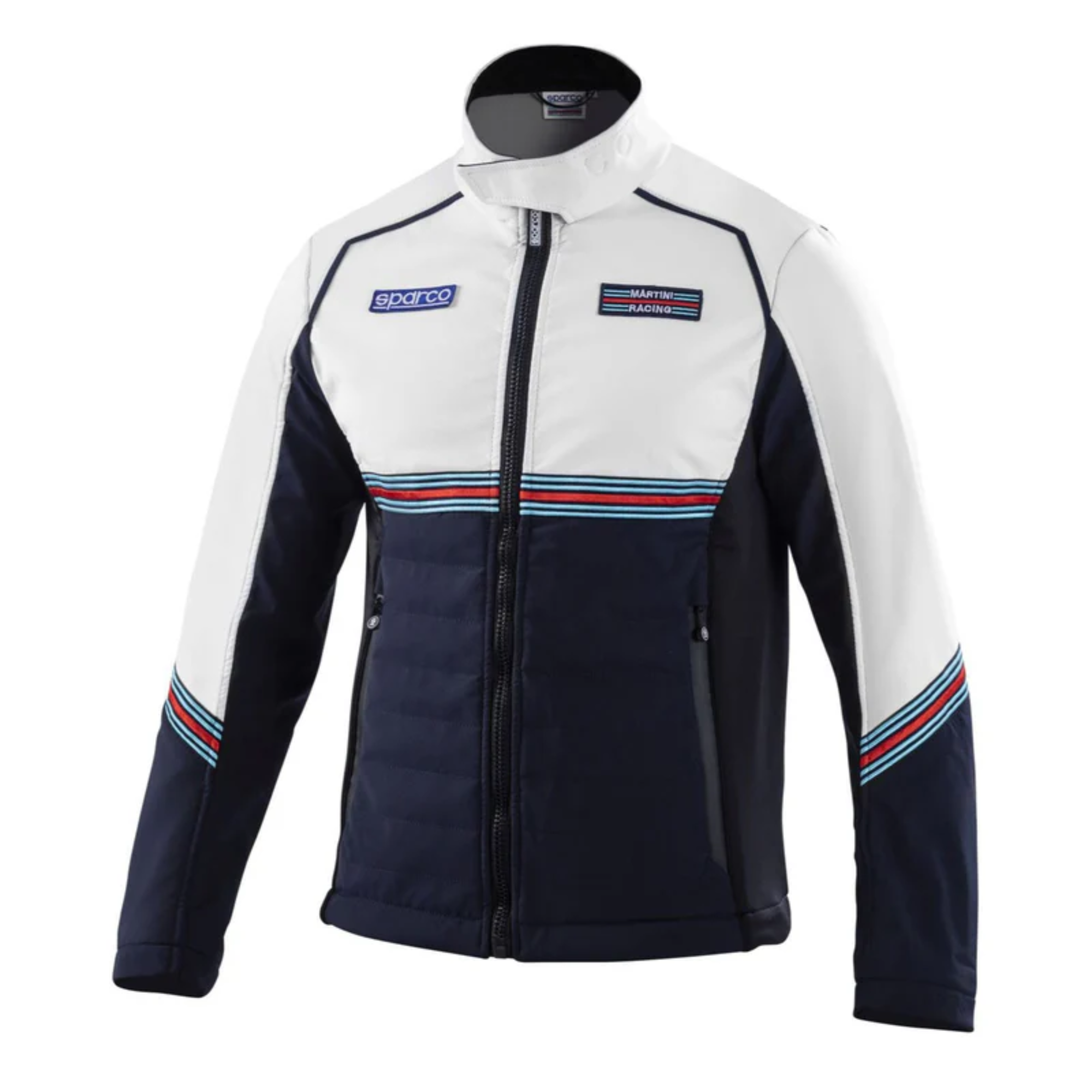 The front of the navy blue and white Sparco Martini Softshell Jacket from Sparco.