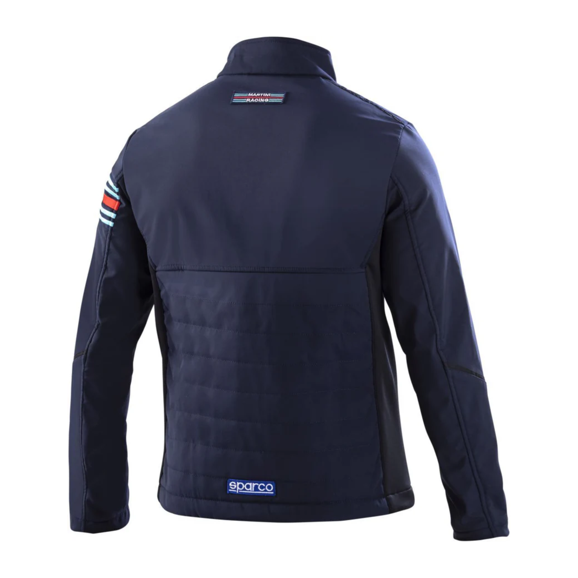 The back of the navy blue Sparco Martini Softshell Jacket from Sparco.