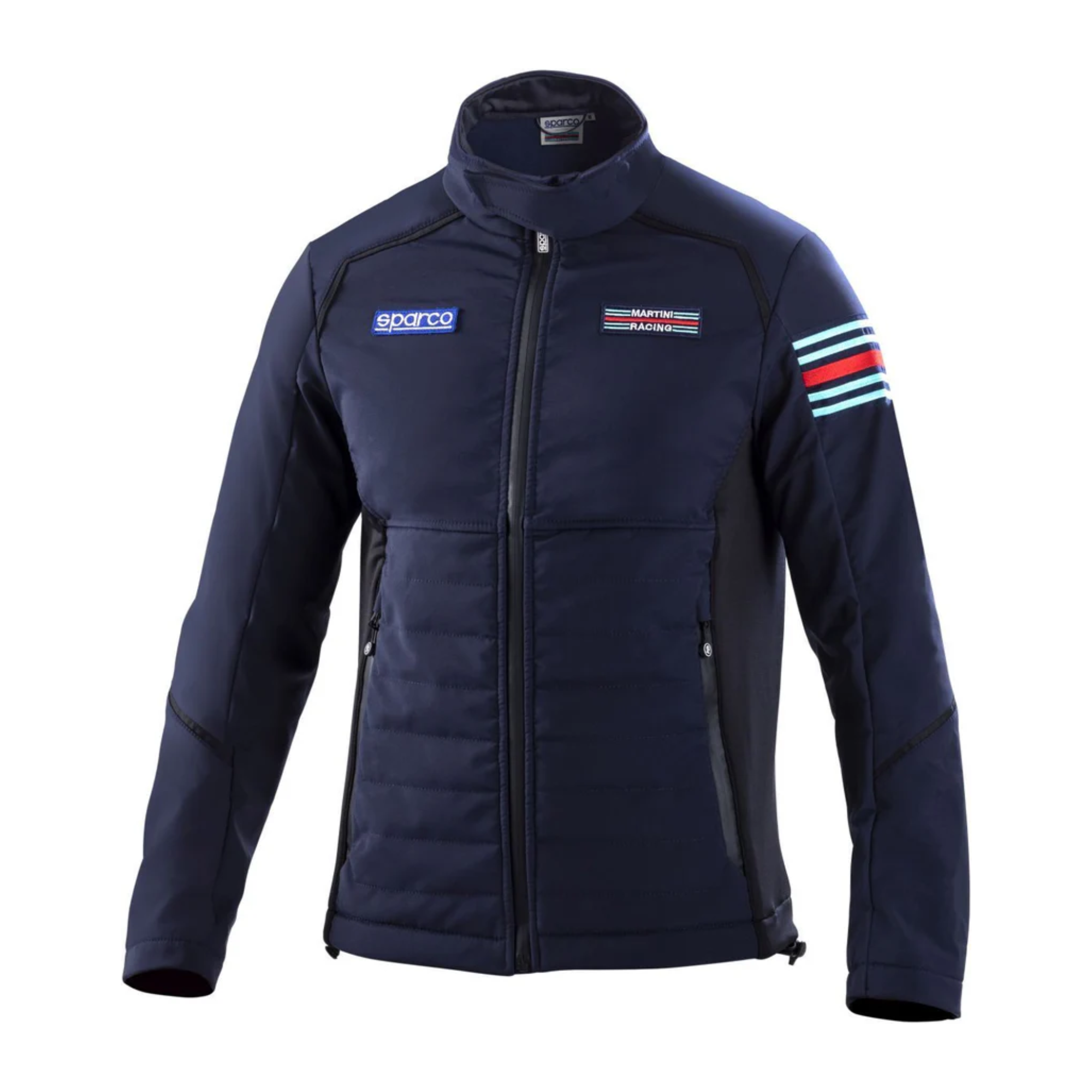The front of the navy blue Sparco Martini Softshell Jacket from Sparco.