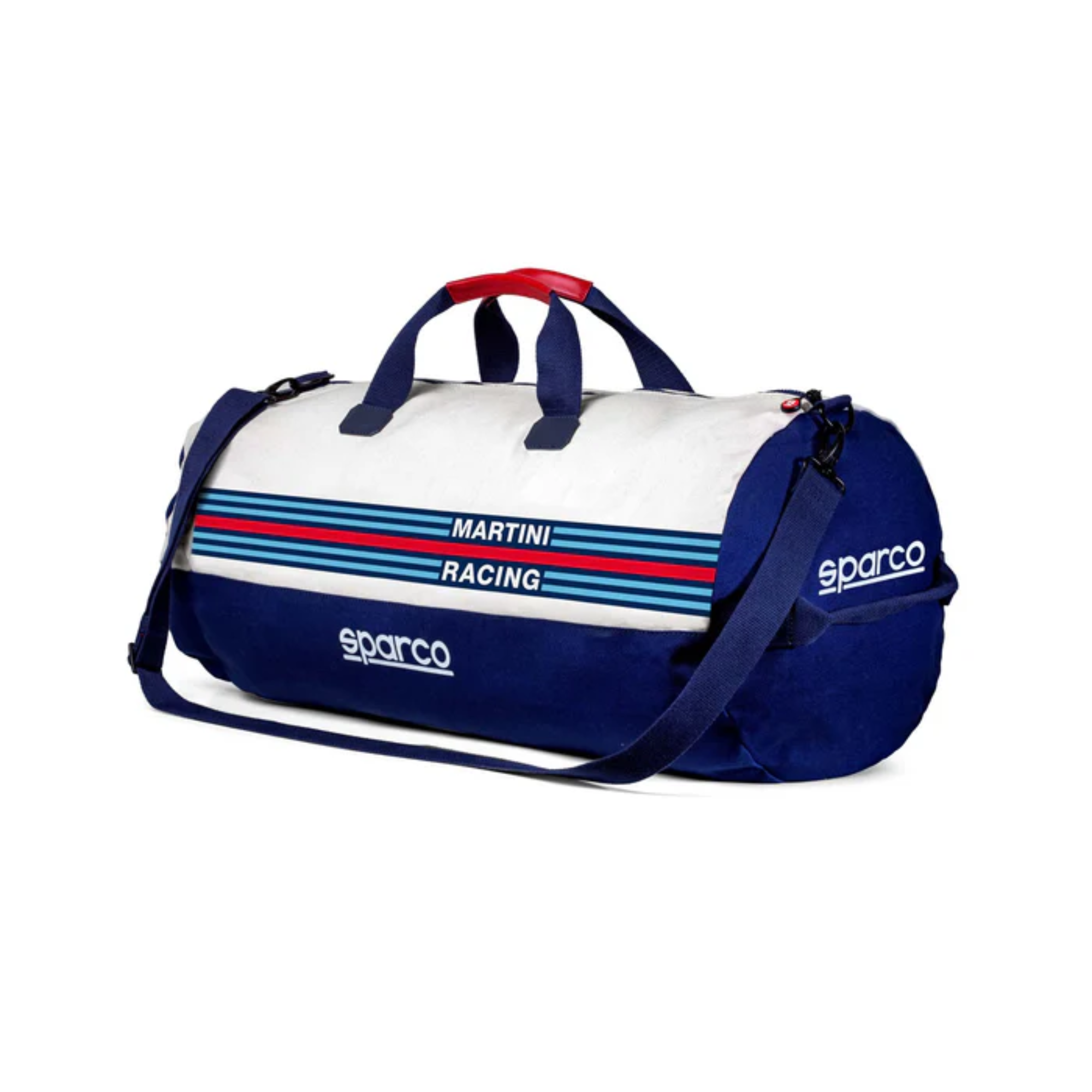 The navy blue and white Sparco Martini Sportbag Duffel Bag from Sparco at an angle.