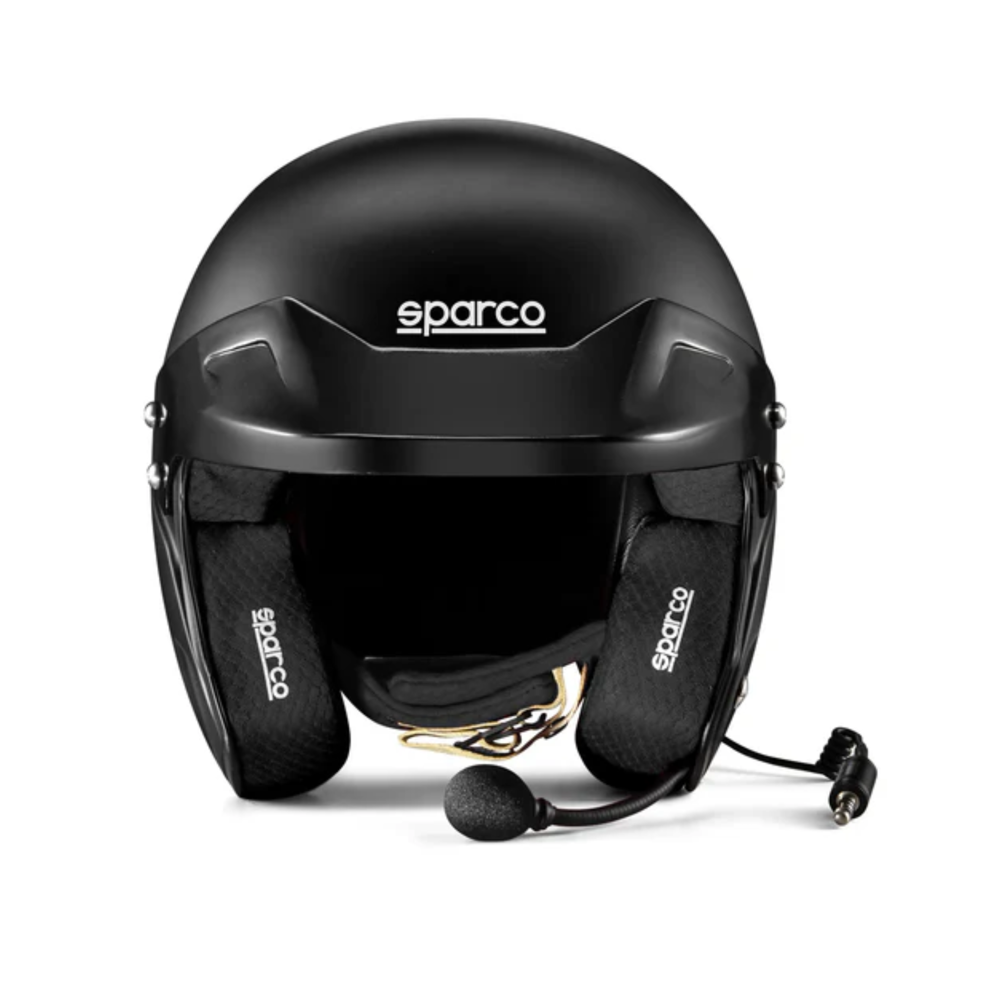 The flat black Sparco RJ-i SA2020 Rally Helmet from Sparco from the front.