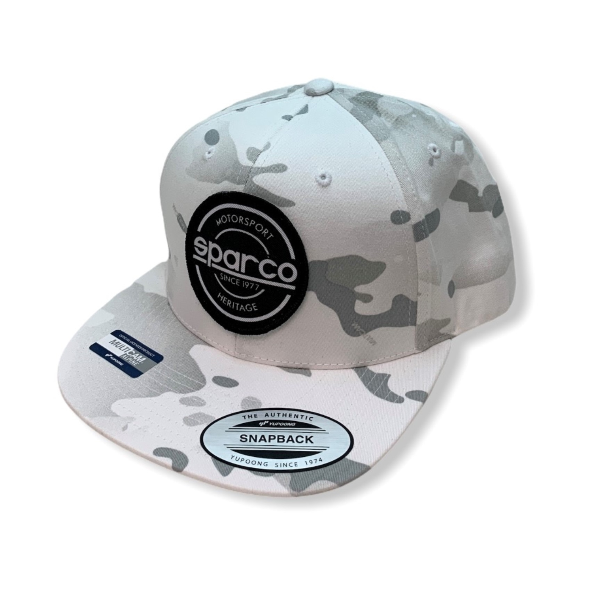 The white camo Sparco S-Patch Snapback Cap from Sparco.