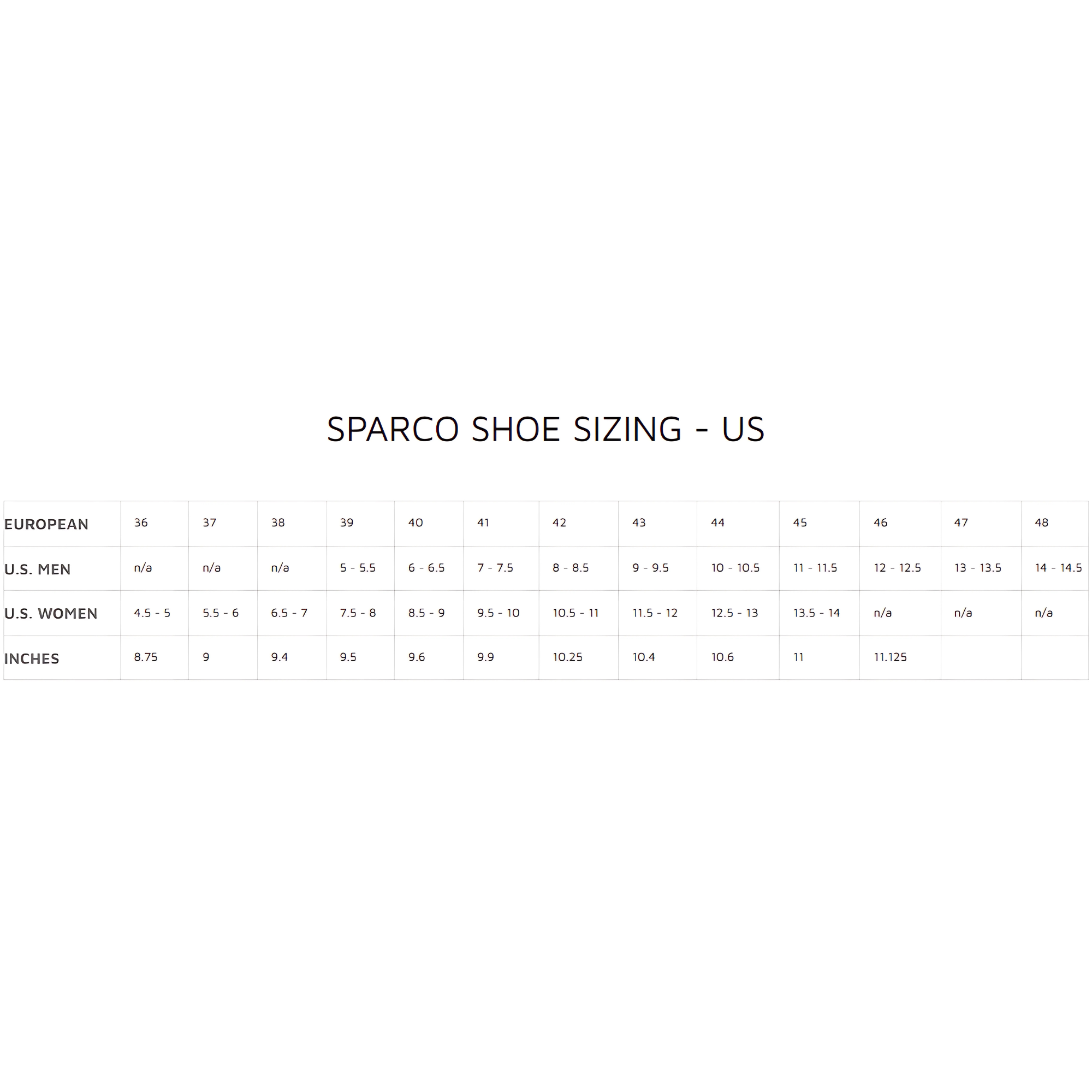 The Sparco shoe sizing guide. all-groups