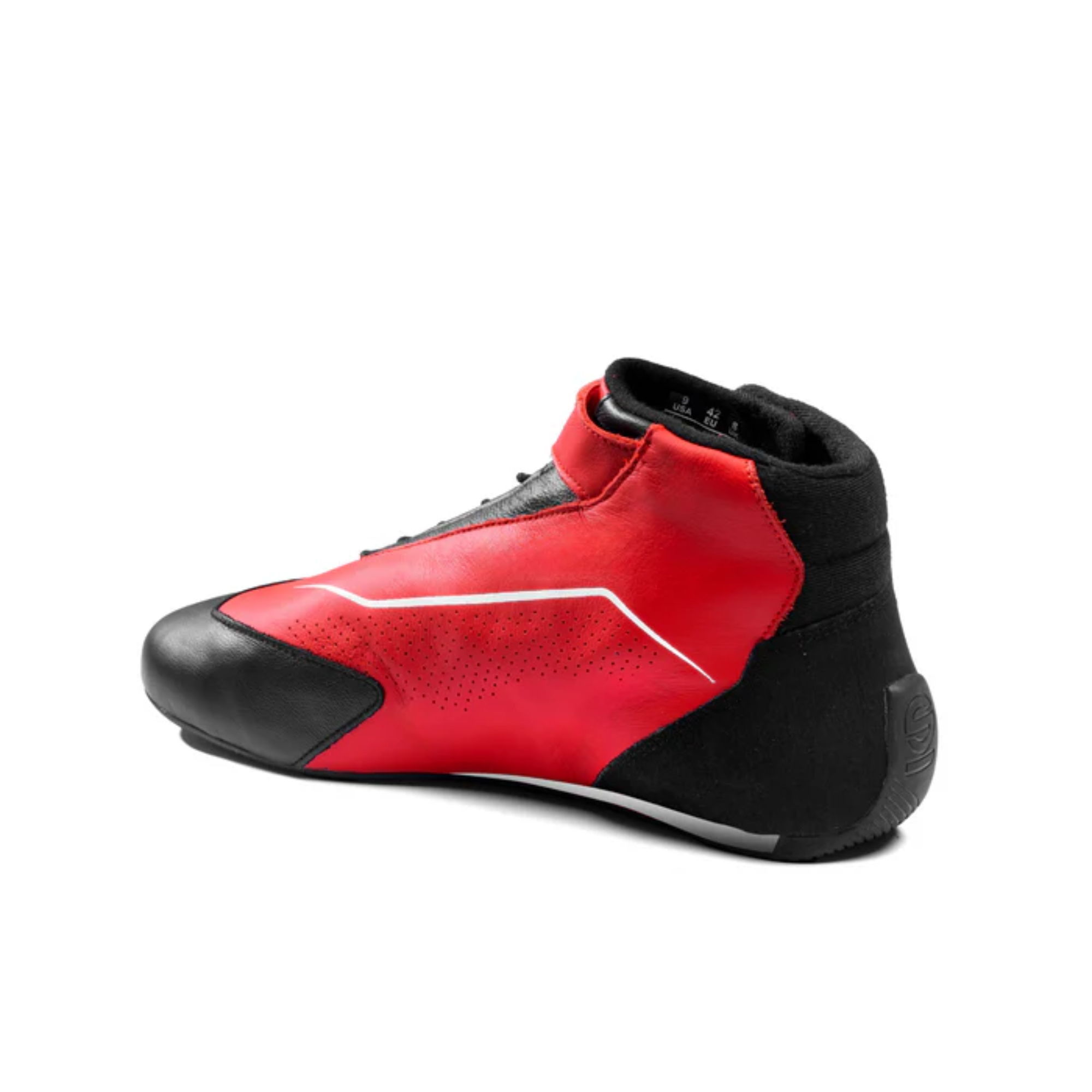 The black and red Sparco Skid Racing Shoes from Sparco showing the inside of the shoe.