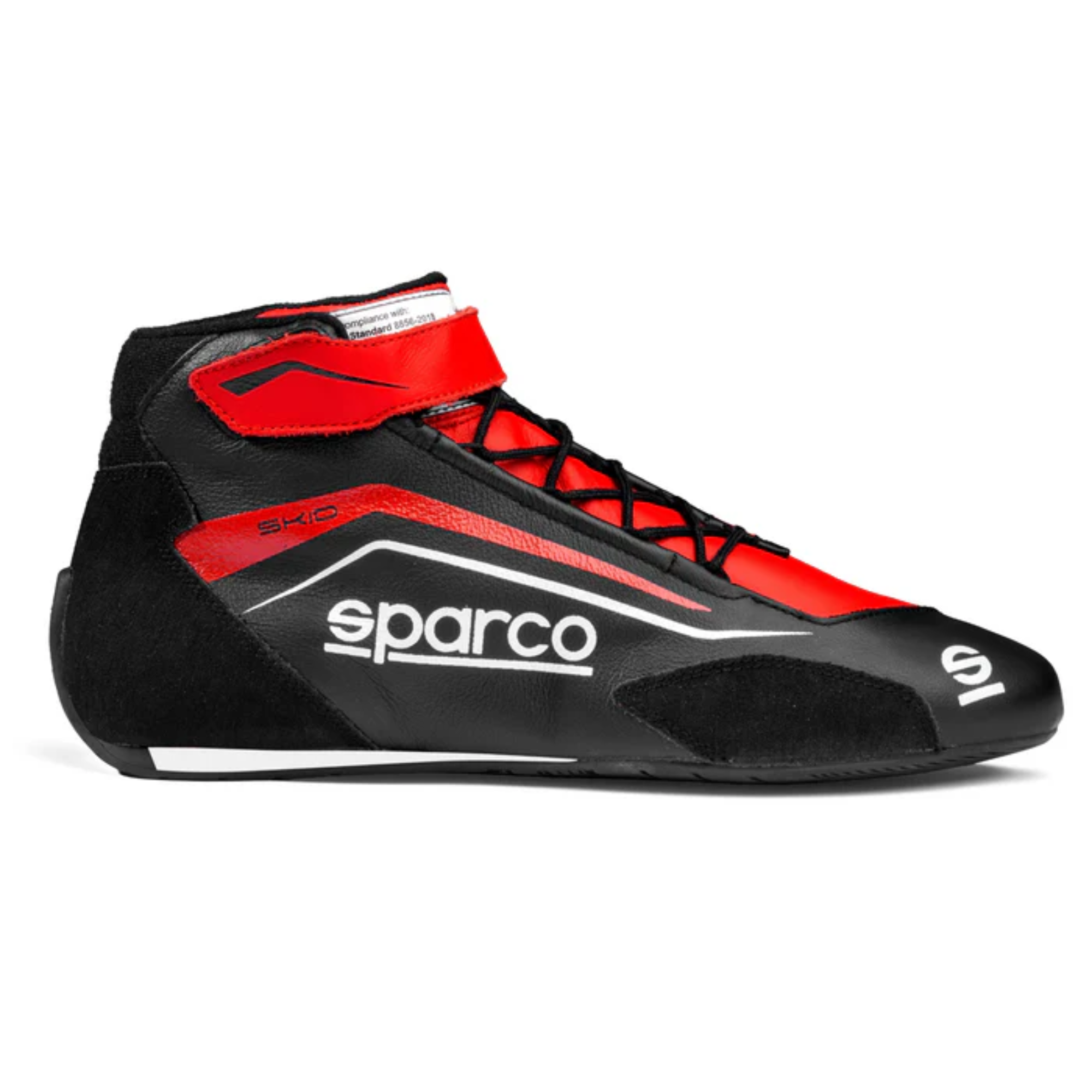 The black and red Sparco Skid Racing Shoes from Sparco showing the side.