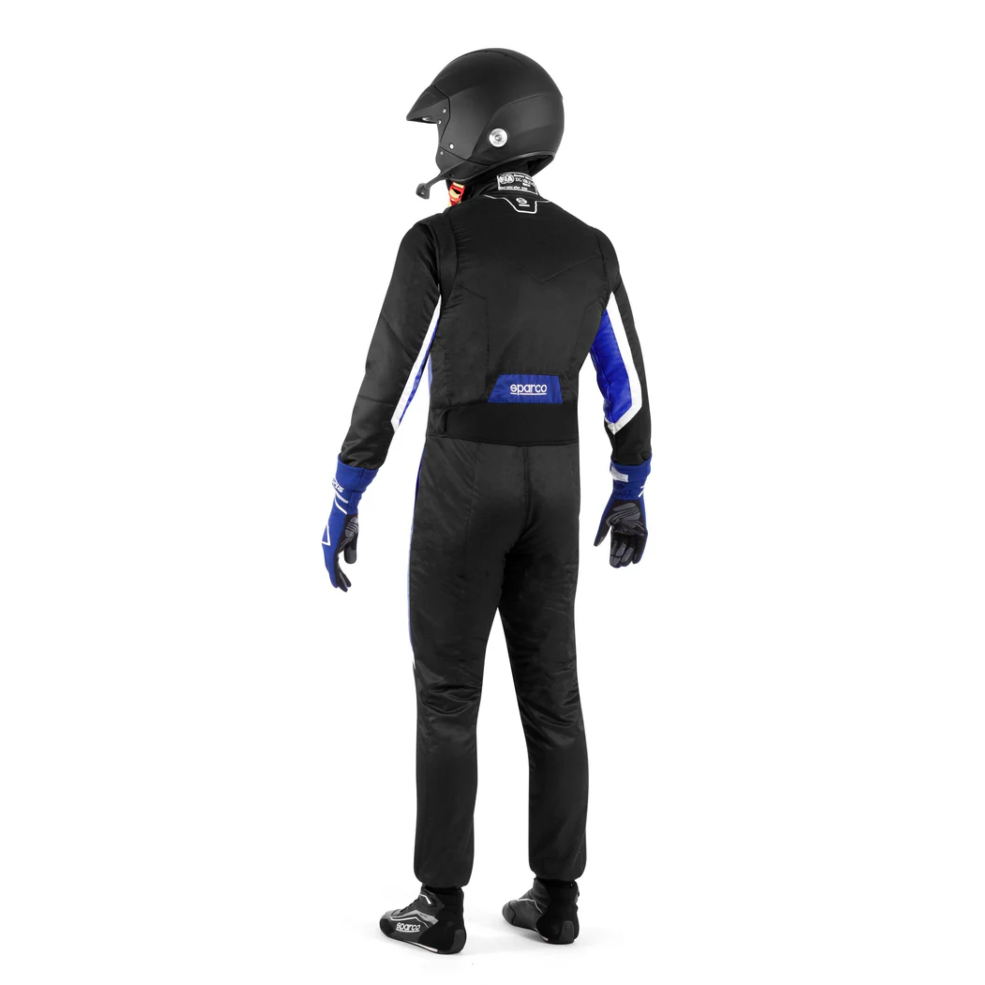The black and blue Sparco Sprint Pro Racing Suit from Sparco worn from the back.