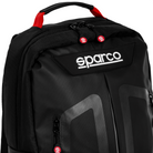 The black Sparco Stage Backpack from Sparco with red accents focusing on the handle.