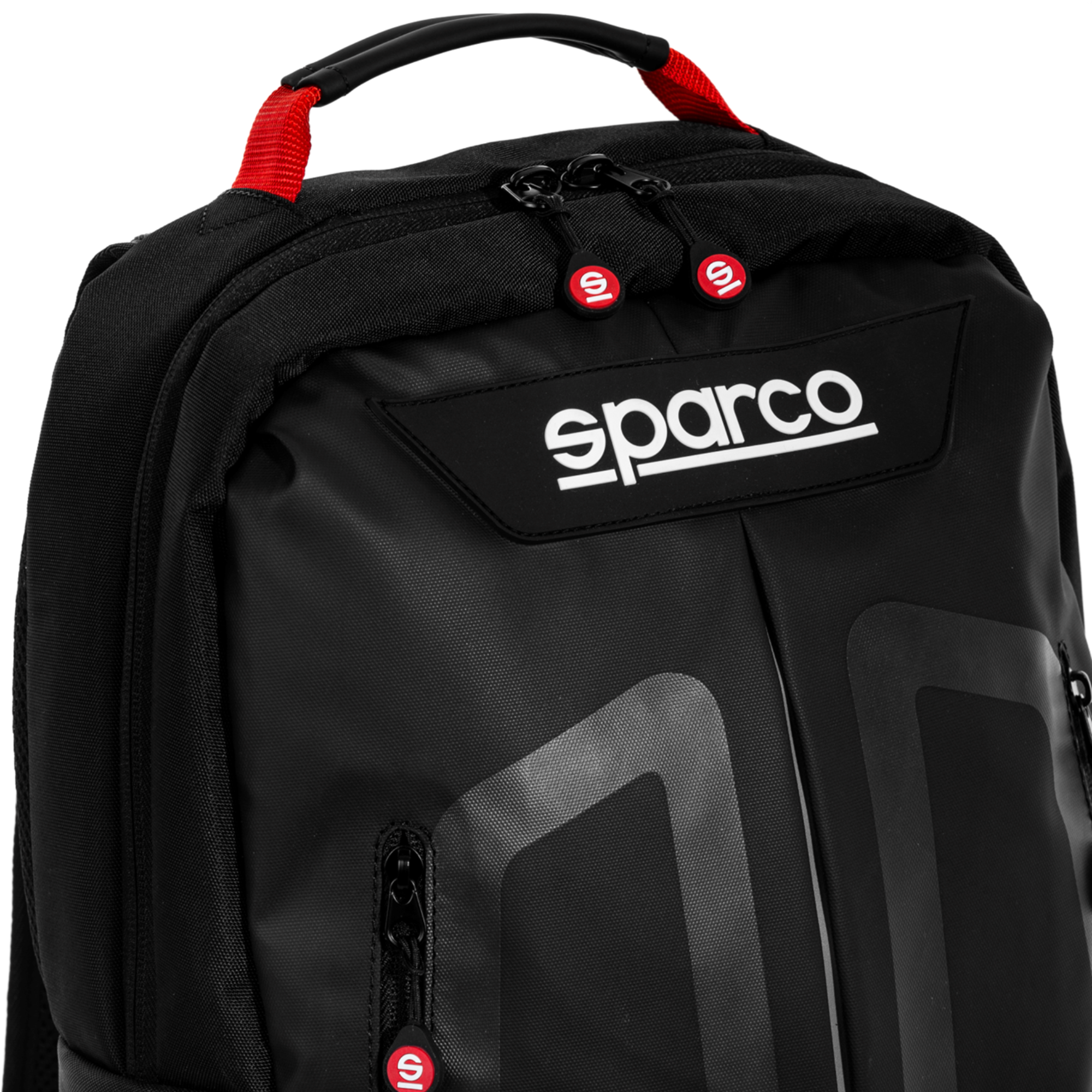 The black Sparco Stage Backpack from Sparco with red accents focusing on the handle.
