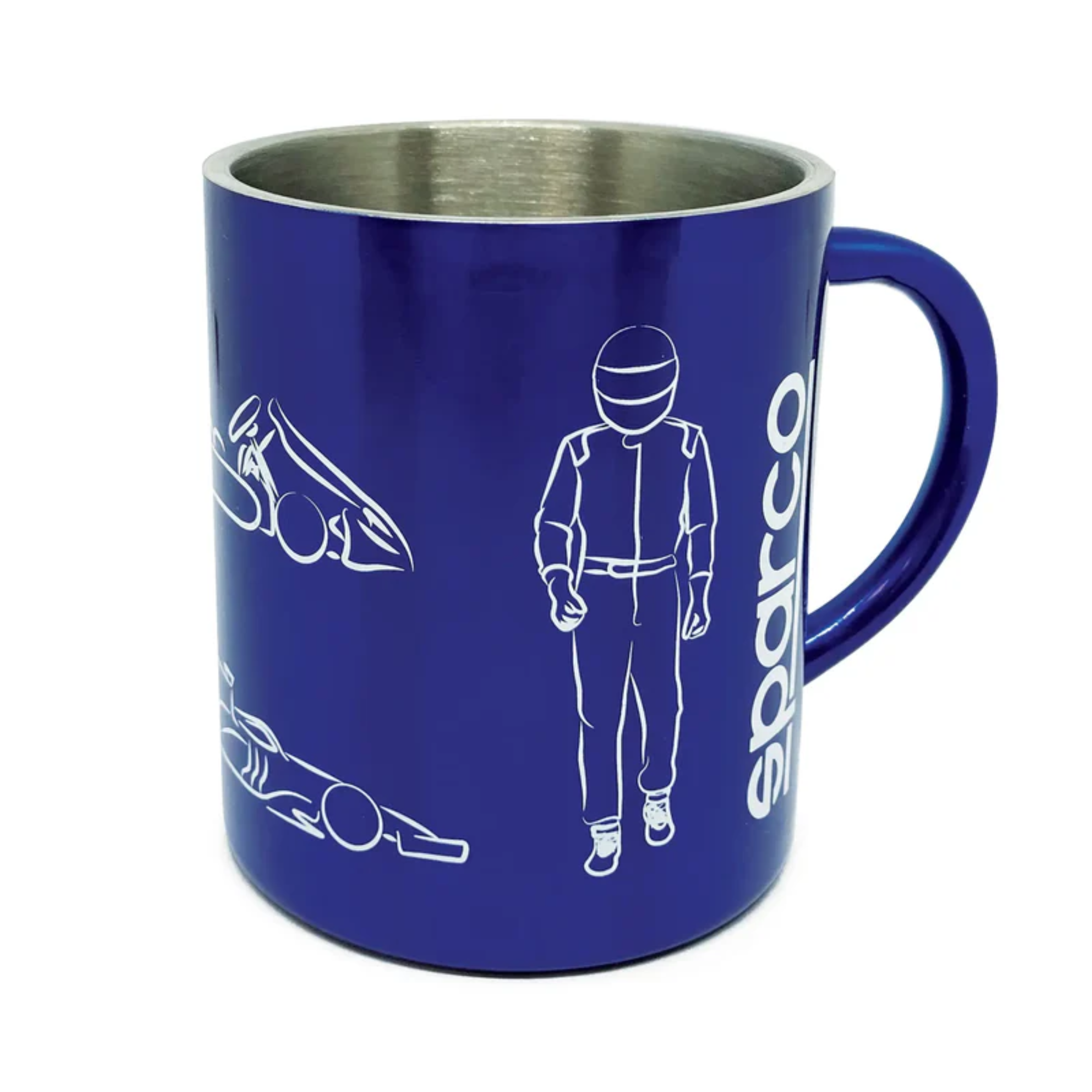 The blue Sparco Stainless Steel Mug from Sparco featuring go karts, motorsports cars and a racing driver on.