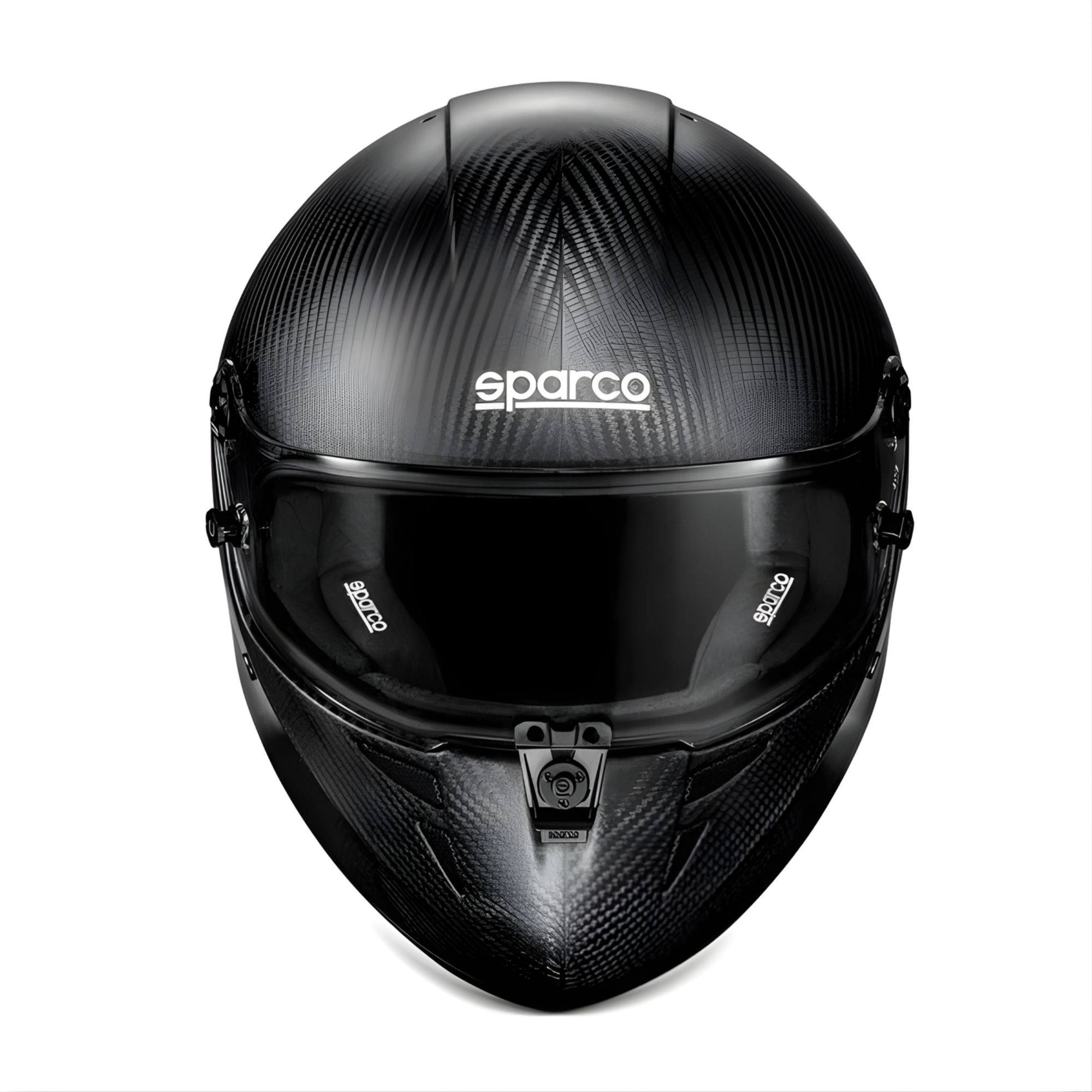The black Sparco Stealth RF Carbon SA2020/FIA8859 Helmet from Sparco from the front.