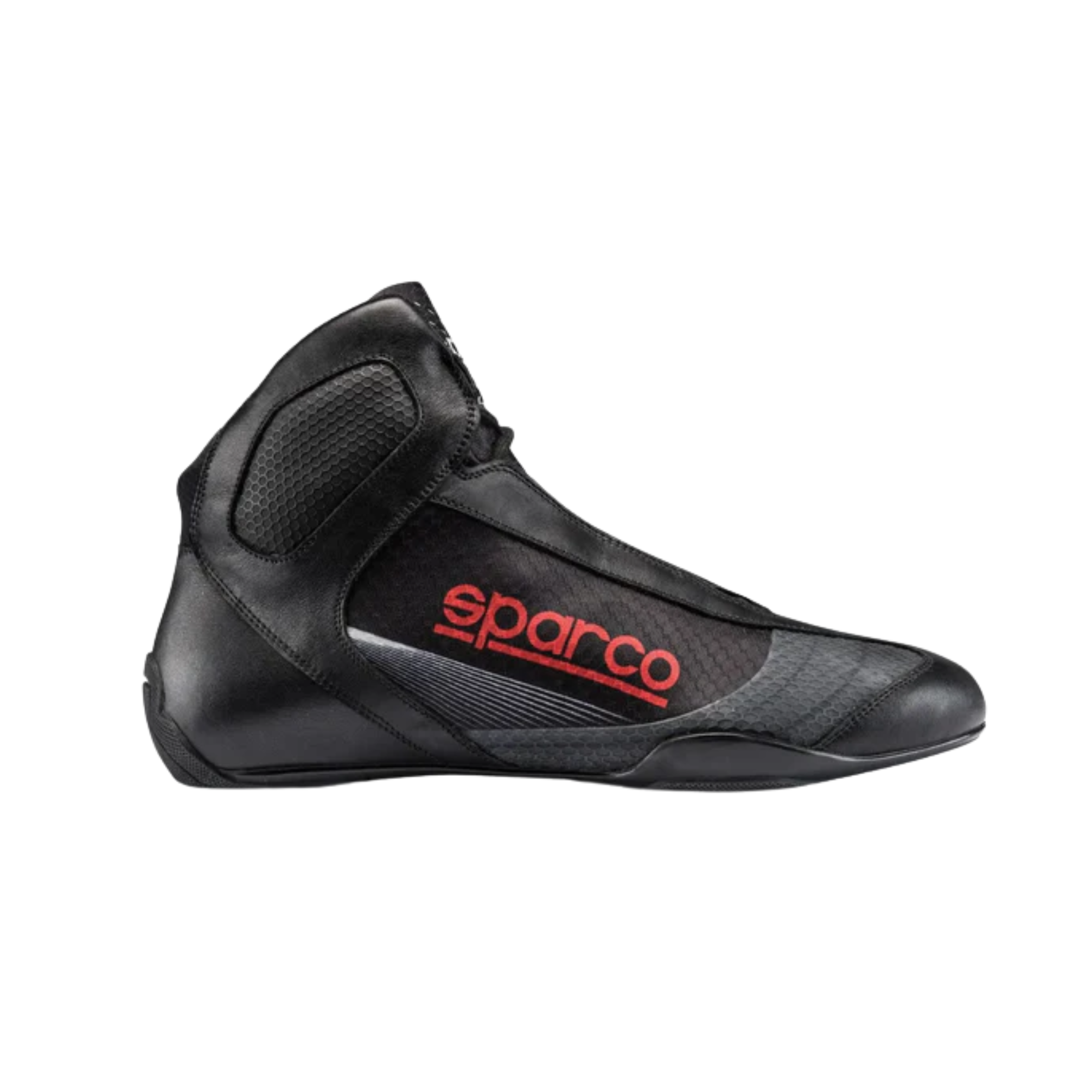 The side of the black and red Sparco Superleggera KB-10 Karting Shoe from Sparco.
