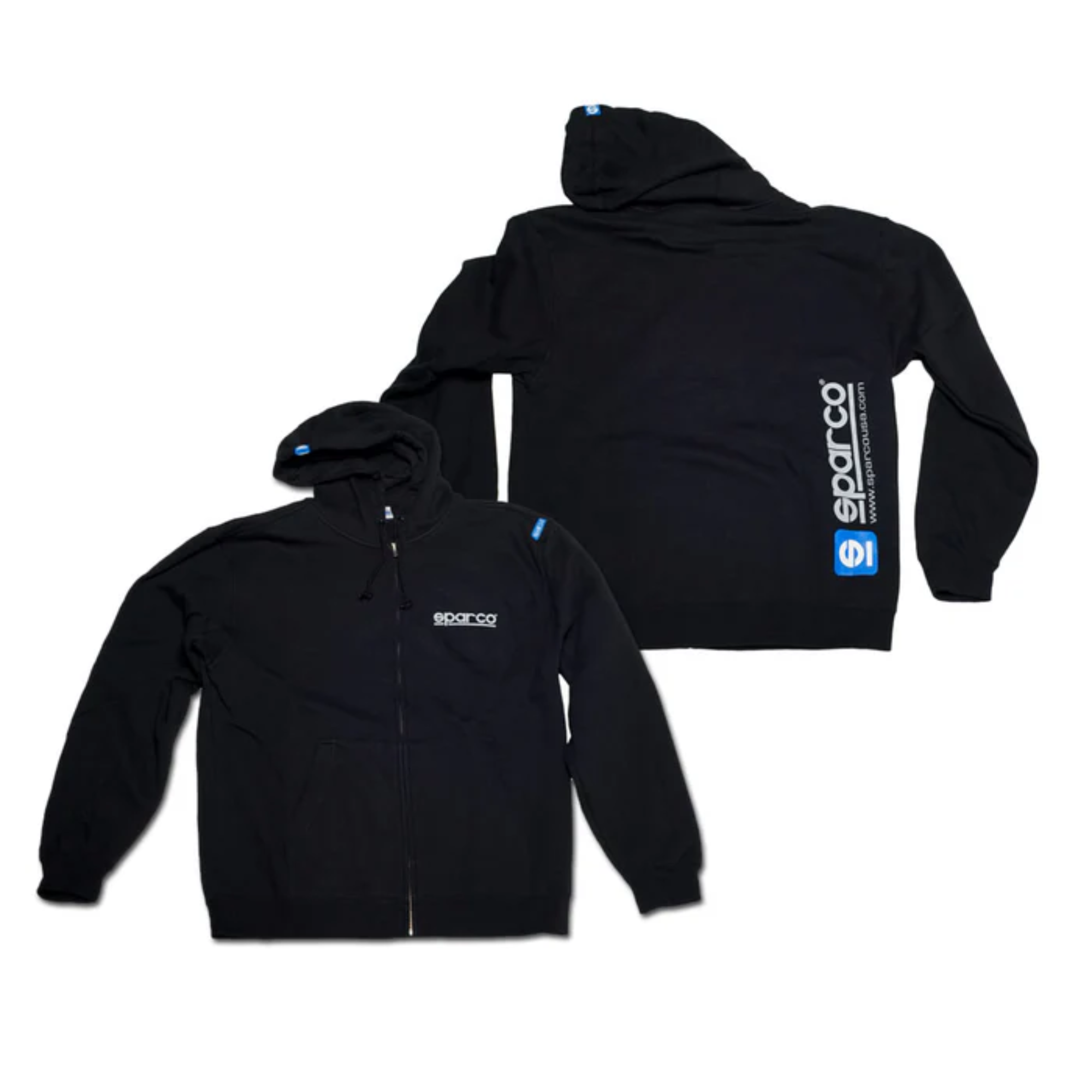 The front and back of the black Sparco Zip-Up Hooded Sweatshirt from Sparco.